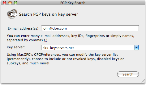 PGP Key Search panel